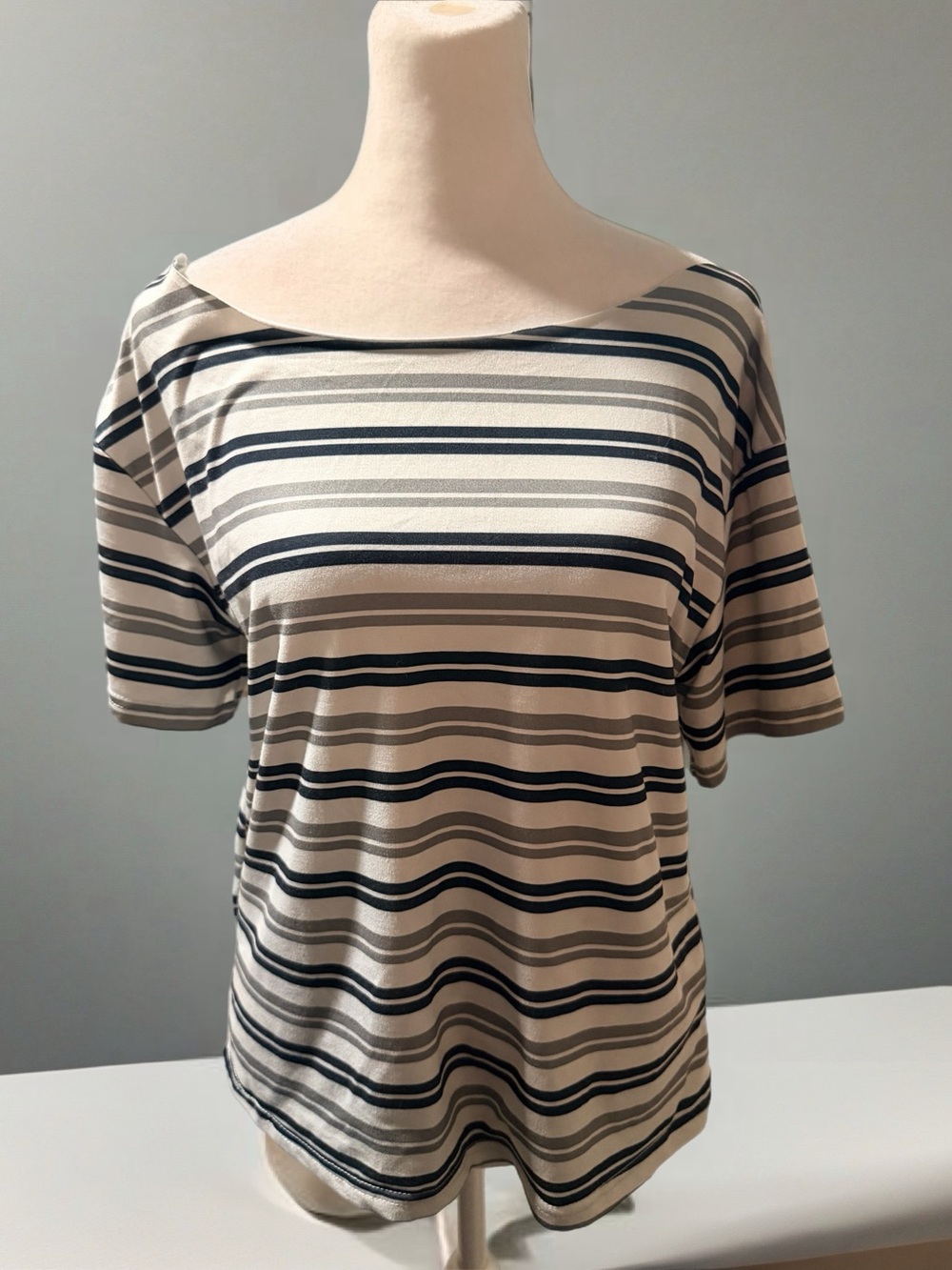 SHEIN Beige and Black Striped Short Sleeve Boatneck Tee